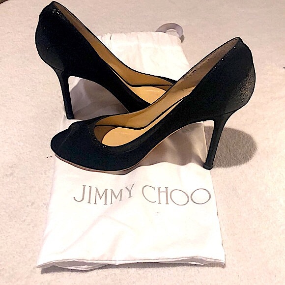 Jimmy Choo Shoes - Jimmy Choo Deceive Glitter Peep Toe Pumps Size 37.5